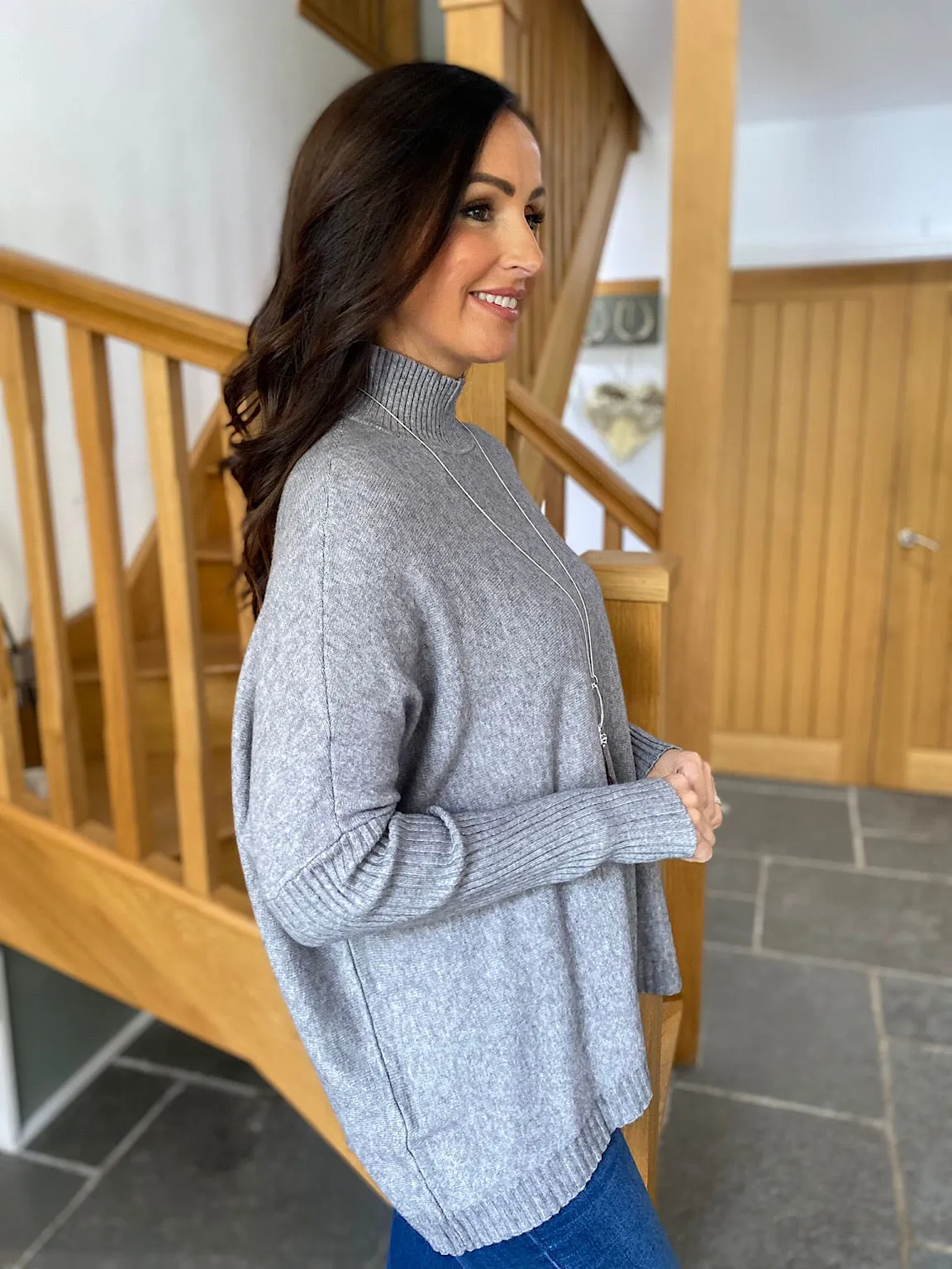 Grey Ribbed Isla High Neck Jumper