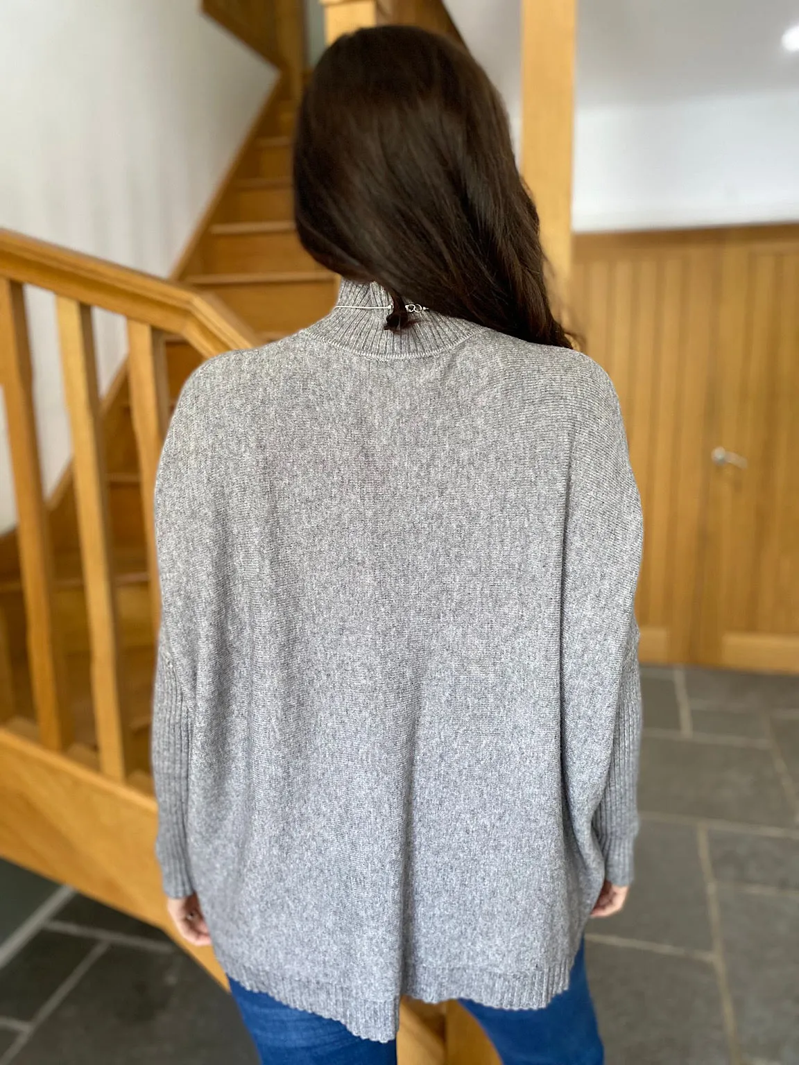 Grey Ribbed Isla High Neck Jumper