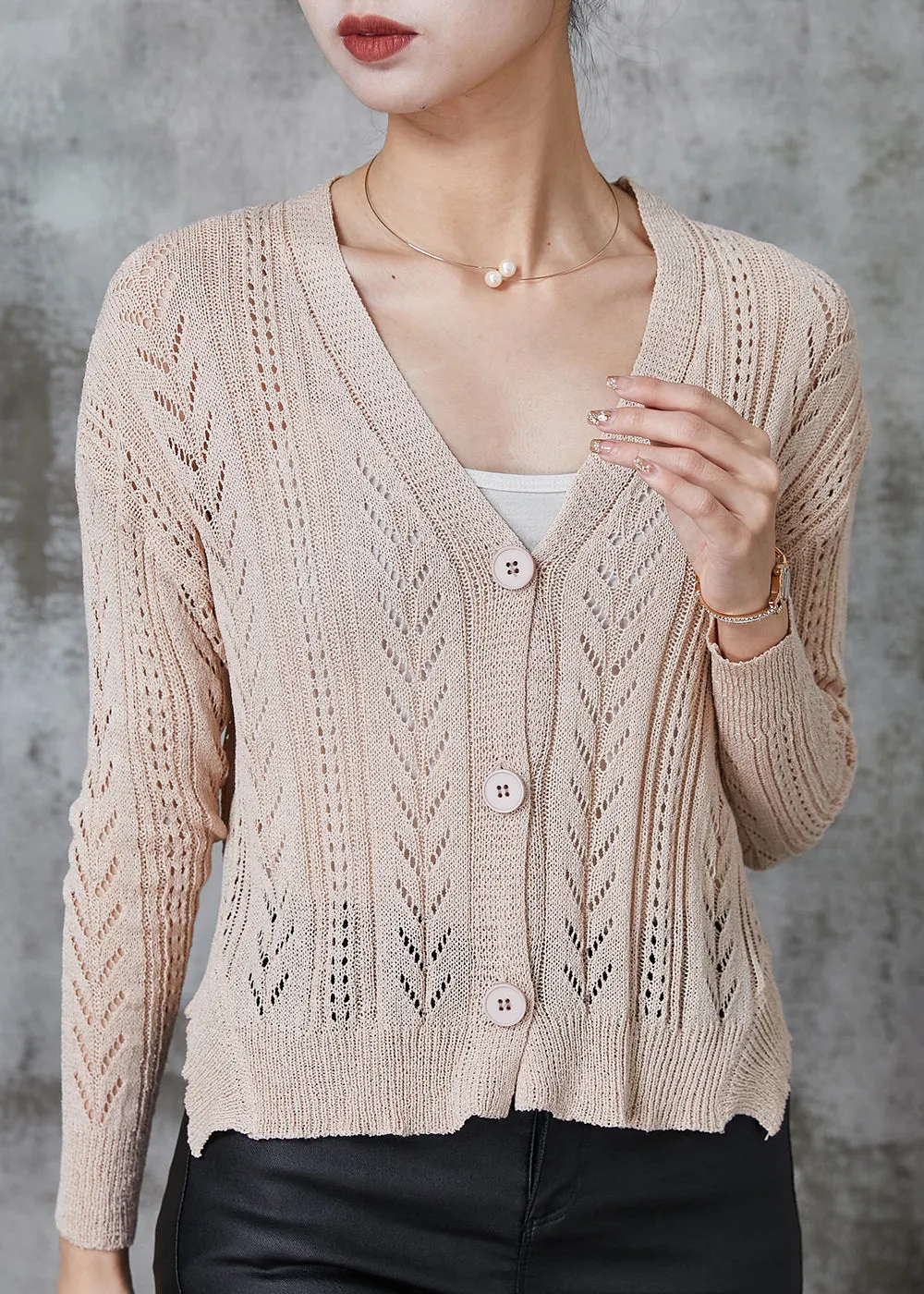 Handmade Apricot Hollow Out Knit Cardigans