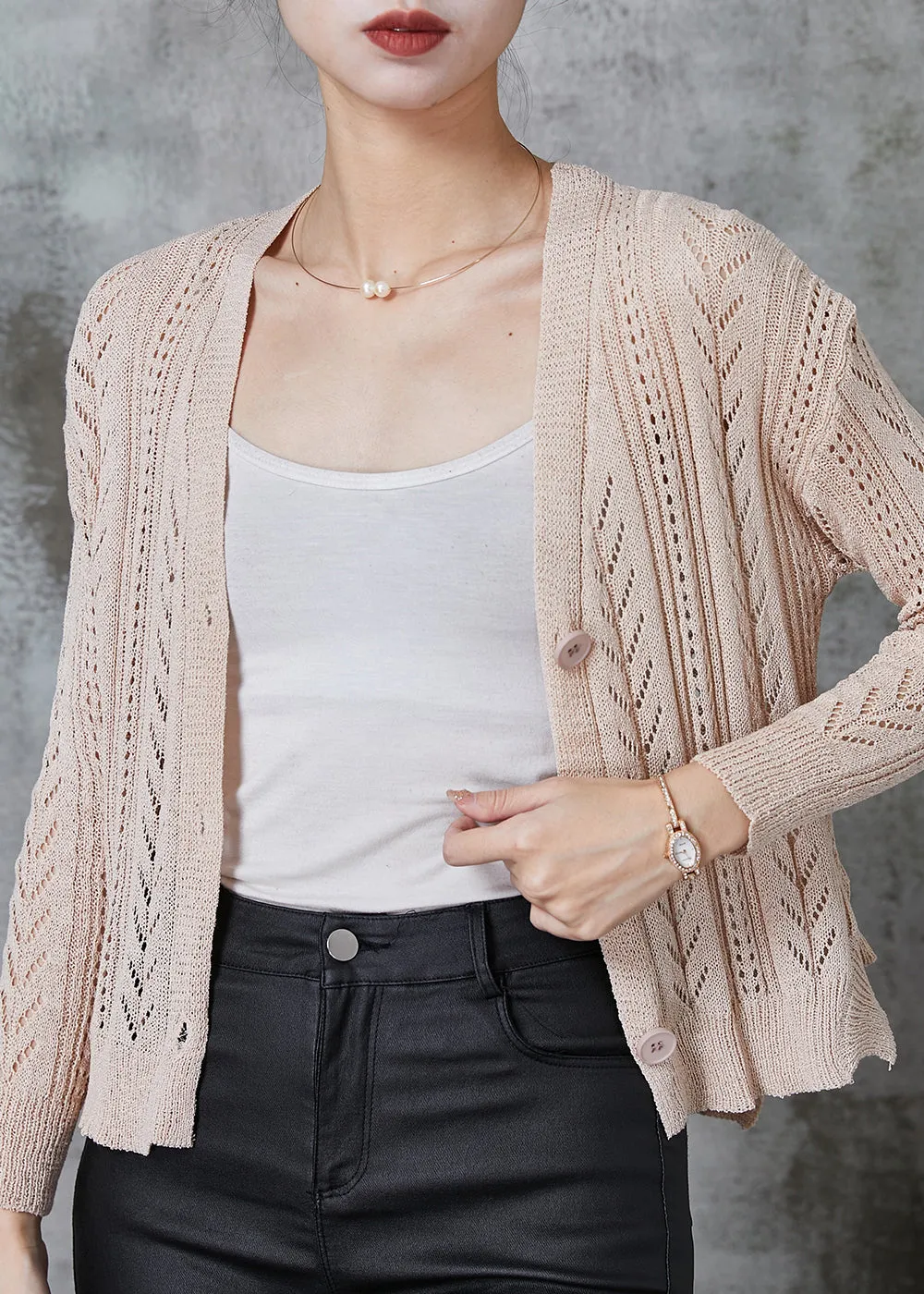 Handmade Apricot Hollow Out Knit Cardigans