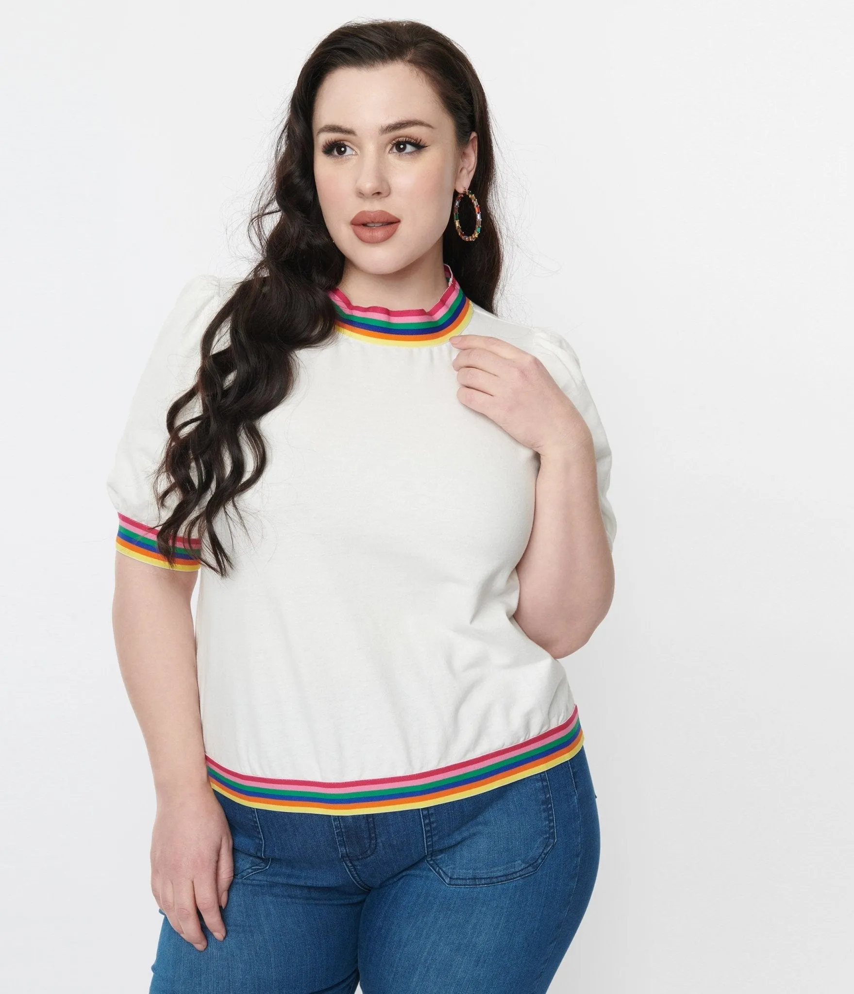 Mock Neck Top with Ivory and Rainbow Trims