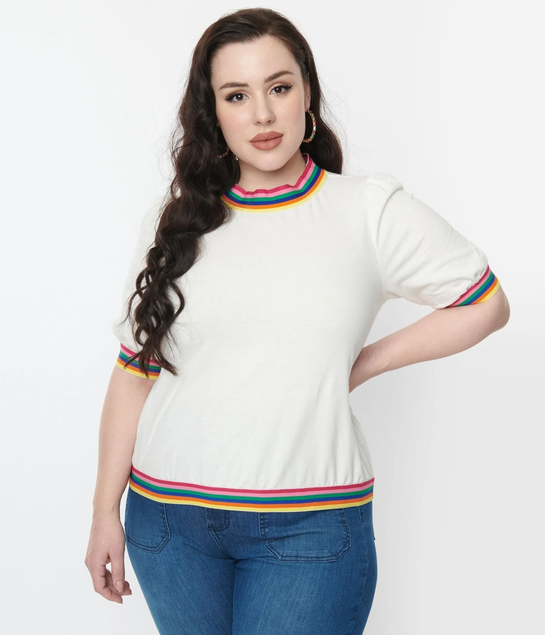 Mock Neck Top with Ivory and Rainbow Trims