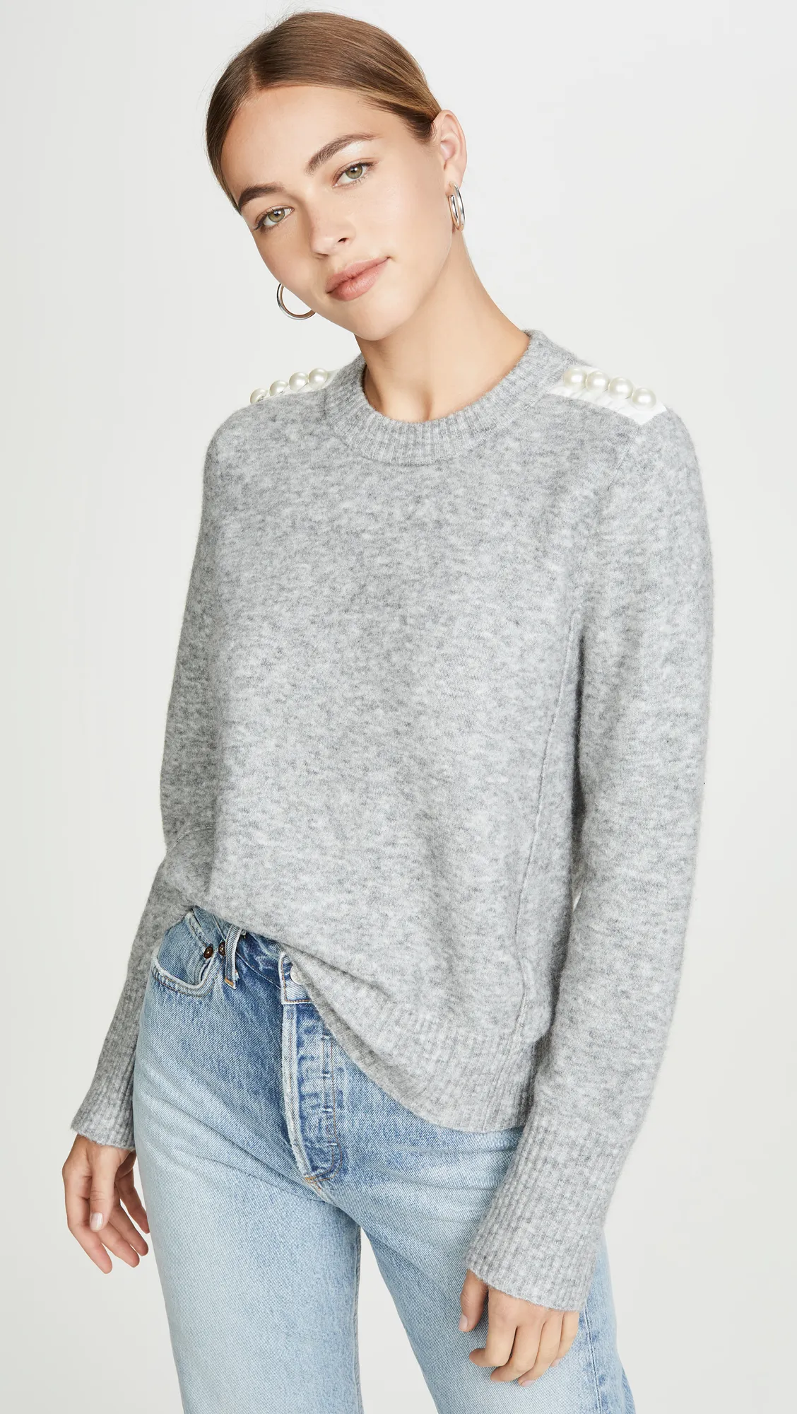 U-Neck Wool Long-Sleeve Top with Subtle Jewel Detail