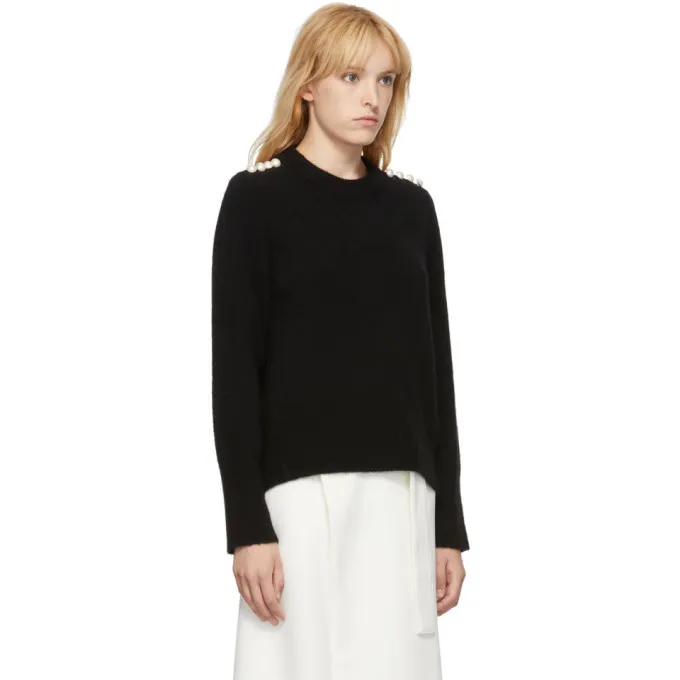 U-Neck Wool Long-Sleeve Top with Subtle Jewel Detail