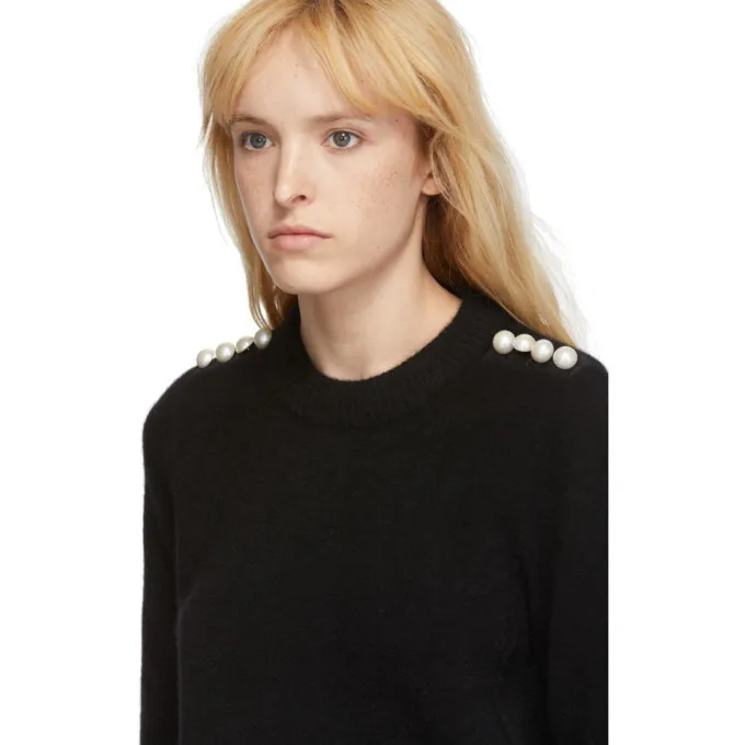 U-Neck Wool Long-Sleeve Top with Subtle Jewel Detail