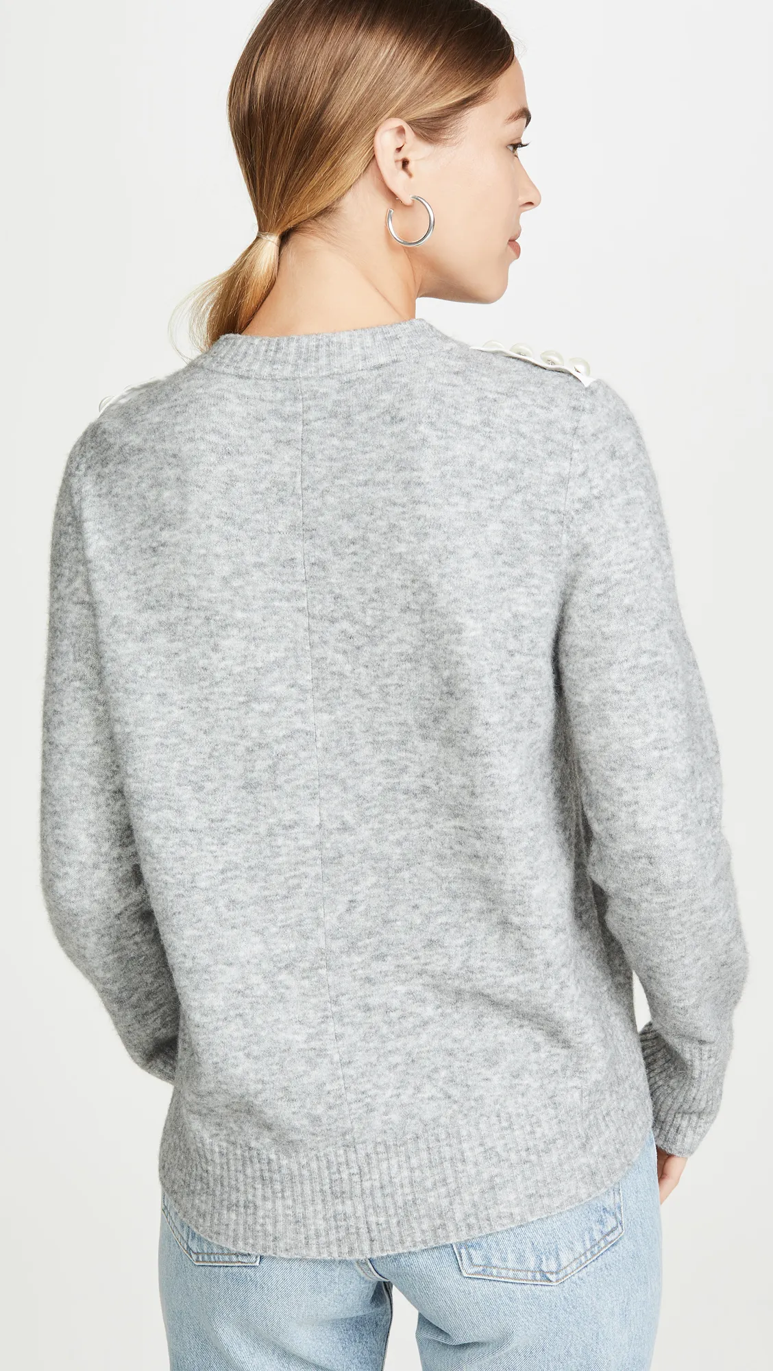 U-Neck Wool Long-Sleeve Top with Subtle Jewel Detail