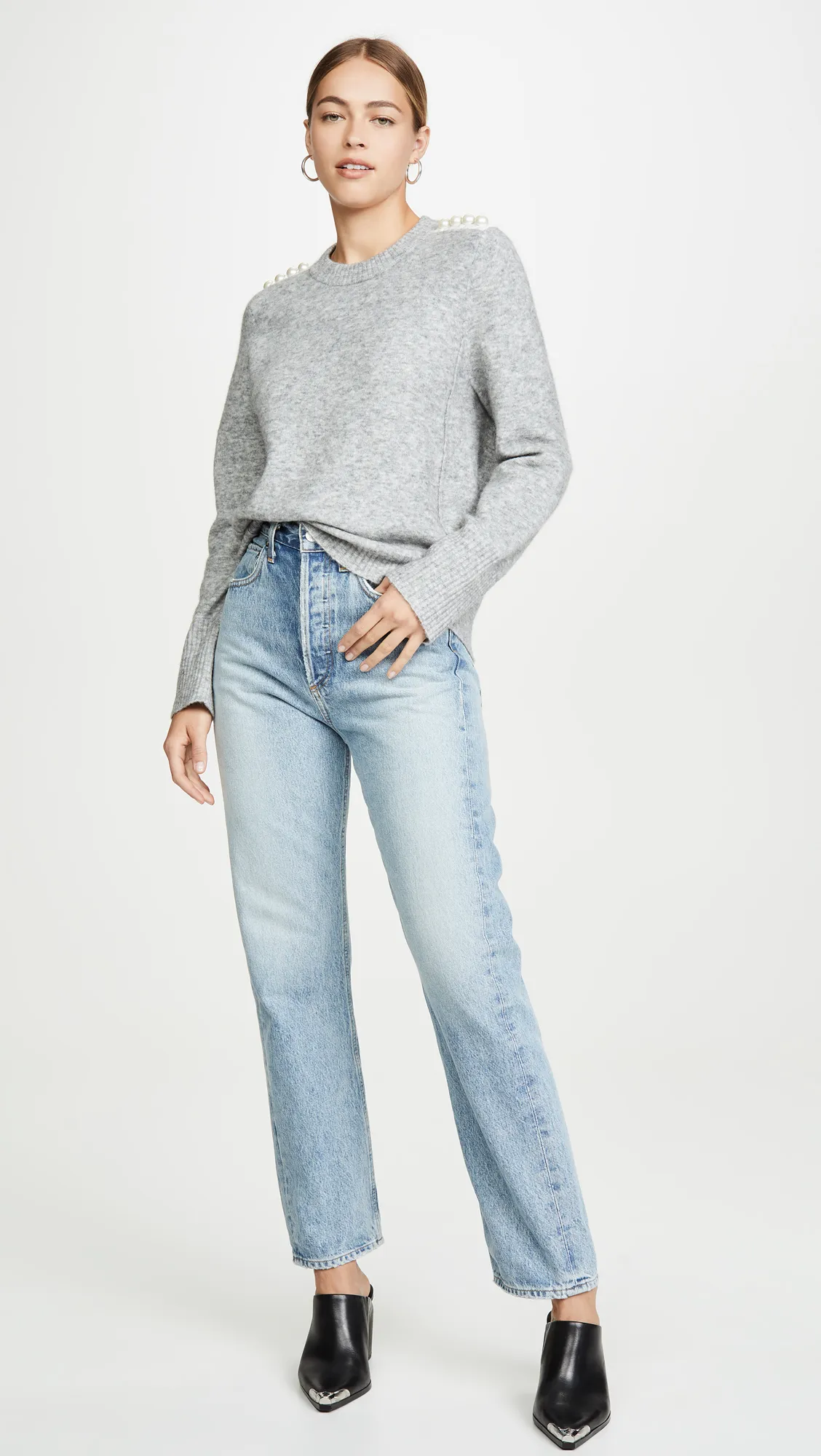 U-Neck Wool Long-Sleeve Top with Subtle Jewel Detail