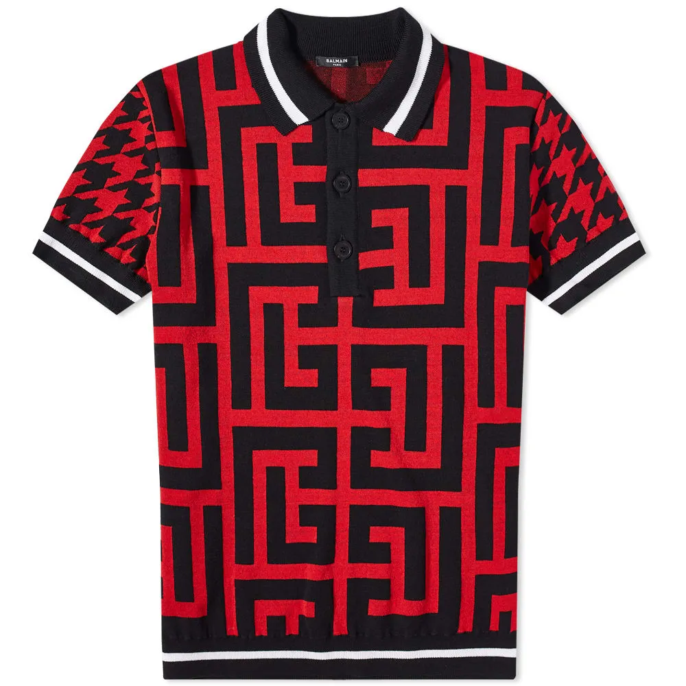 Mega Monogram Black & Red Houndstooth Knit Polo