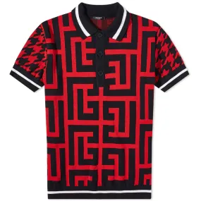 Mega Monogram Black & Red Houndstooth Knit Polo