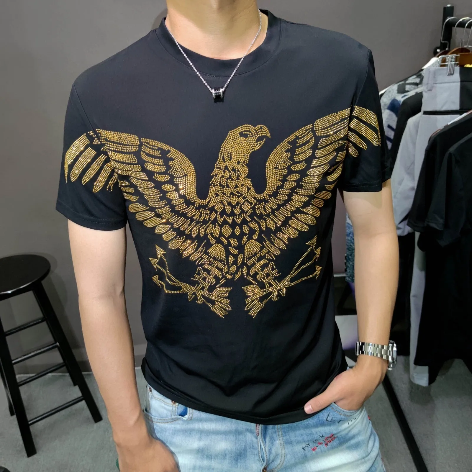 Men's Gold Rhinestone Artful O-Neck Tee