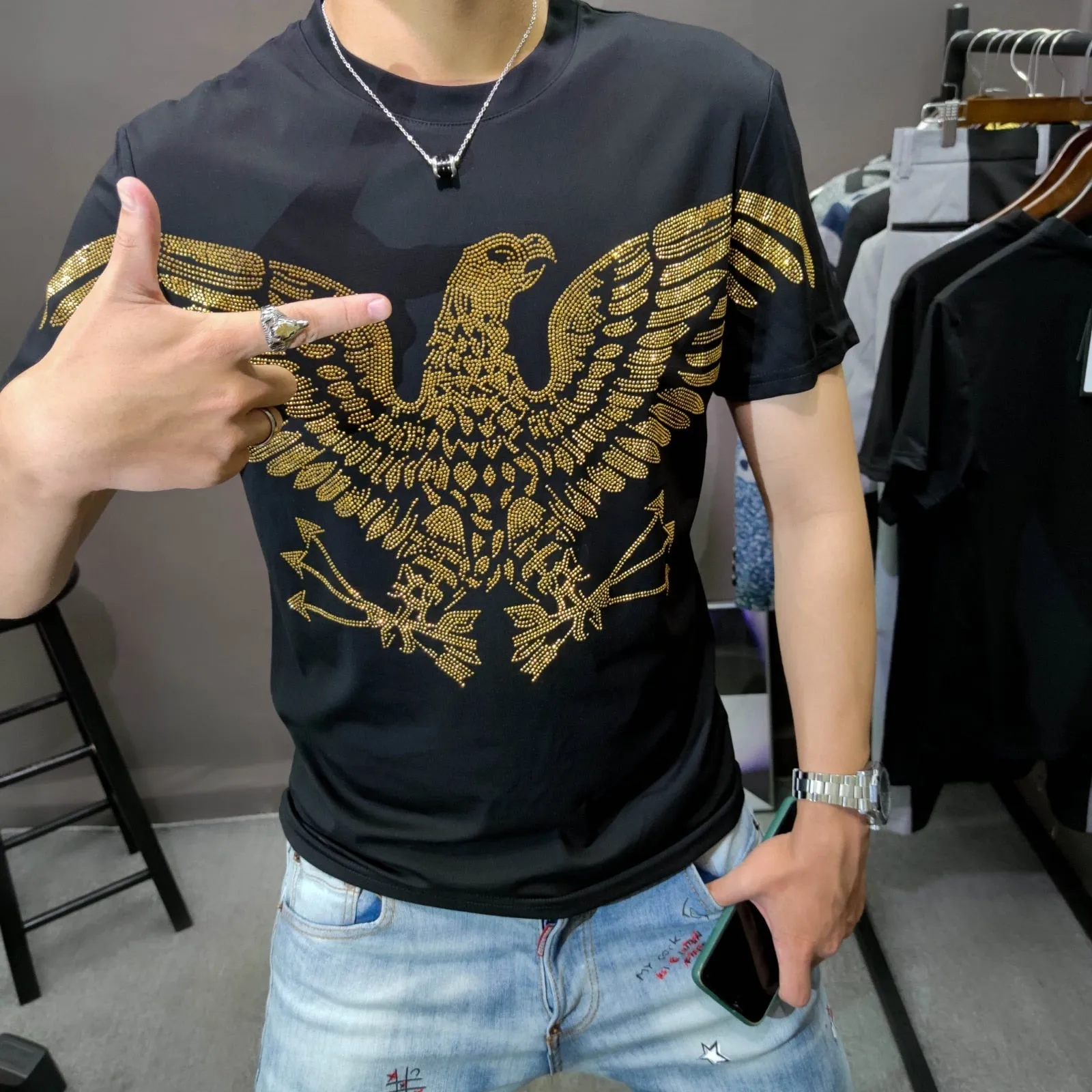 Men's Gold Rhinestone Artful O-Neck Tee