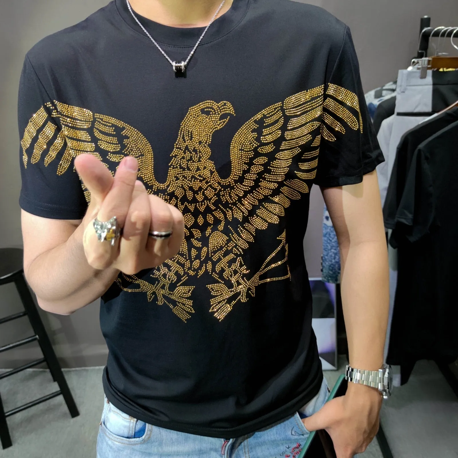 Men's Gold Rhinestone Artful O-Neck Tee