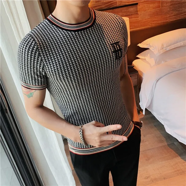 Men's Streetwear O-Neck Short Sleeve T-Shirt with Plaid Pattern