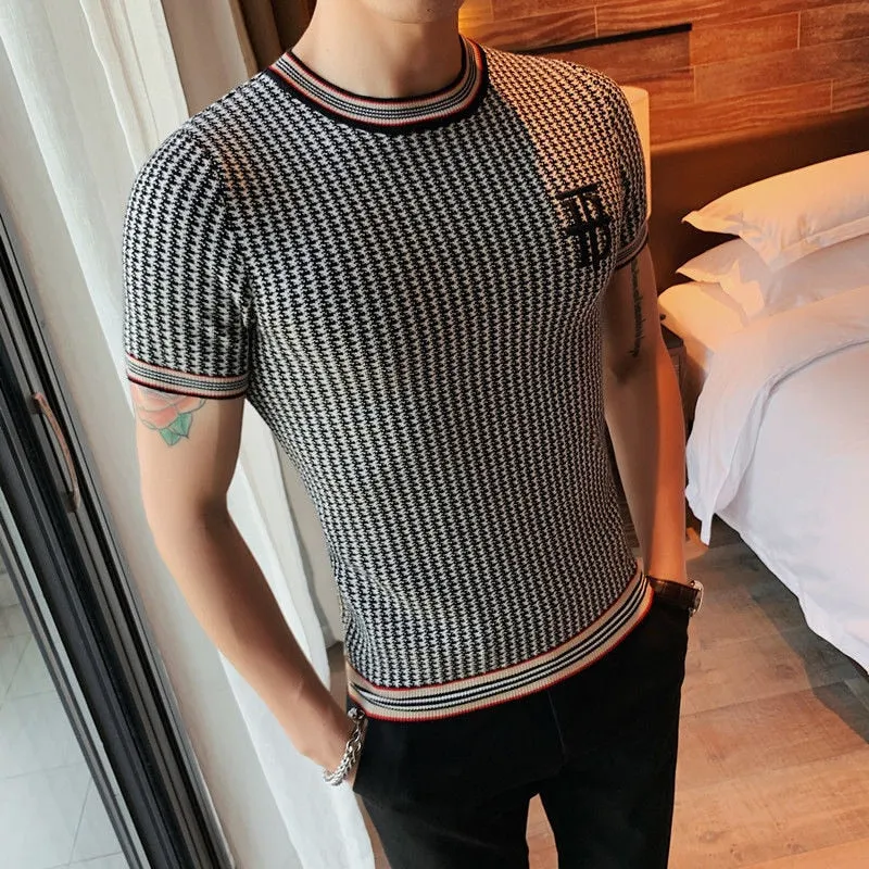 Men's Streetwear O-Neck Short Sleeve T-Shirt with Plaid Pattern