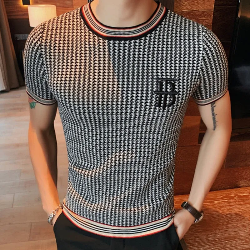 Men's Streetwear O-Neck Short Sleeve T-Shirt with Plaid Pattern