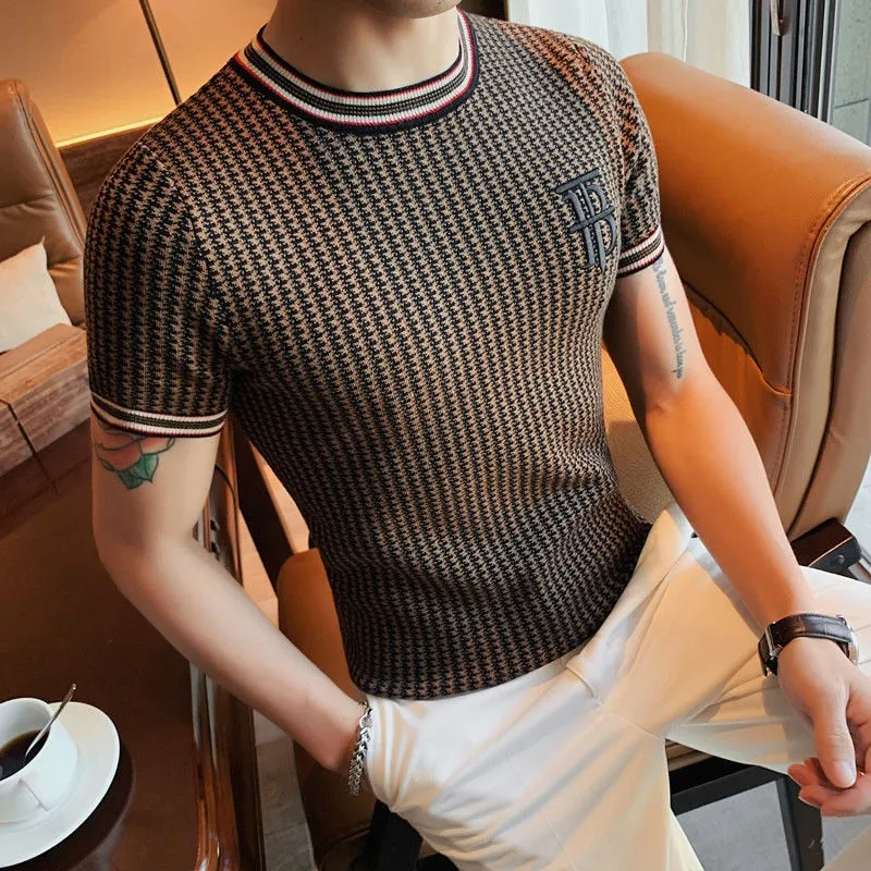 Men's Streetwear O-Neck Short Sleeve T-Shirt with Plaid Pattern