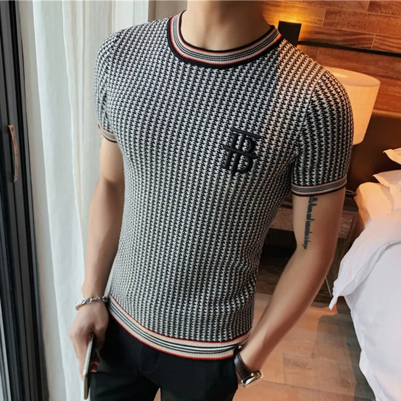 Men's Streetwear O-Neck Short Sleeve T-Shirt with Plaid Pattern