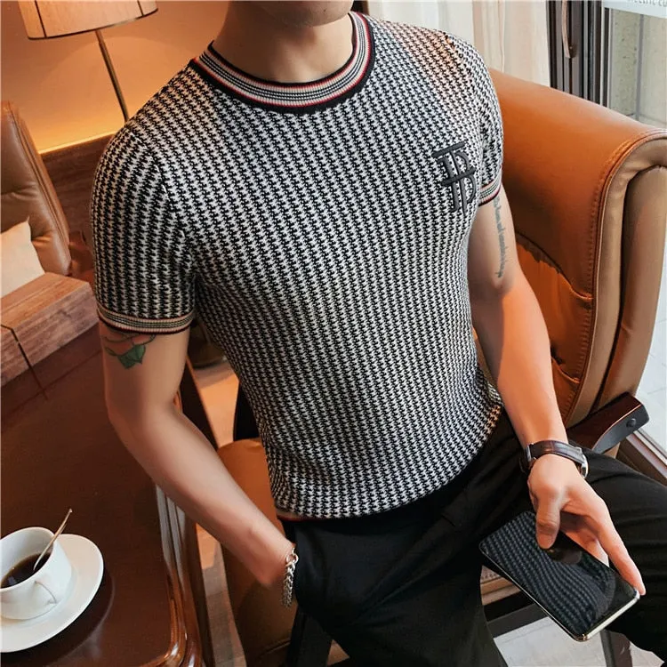 Men's Streetwear O-Neck Short Sleeve T-Shirt with Plaid Pattern