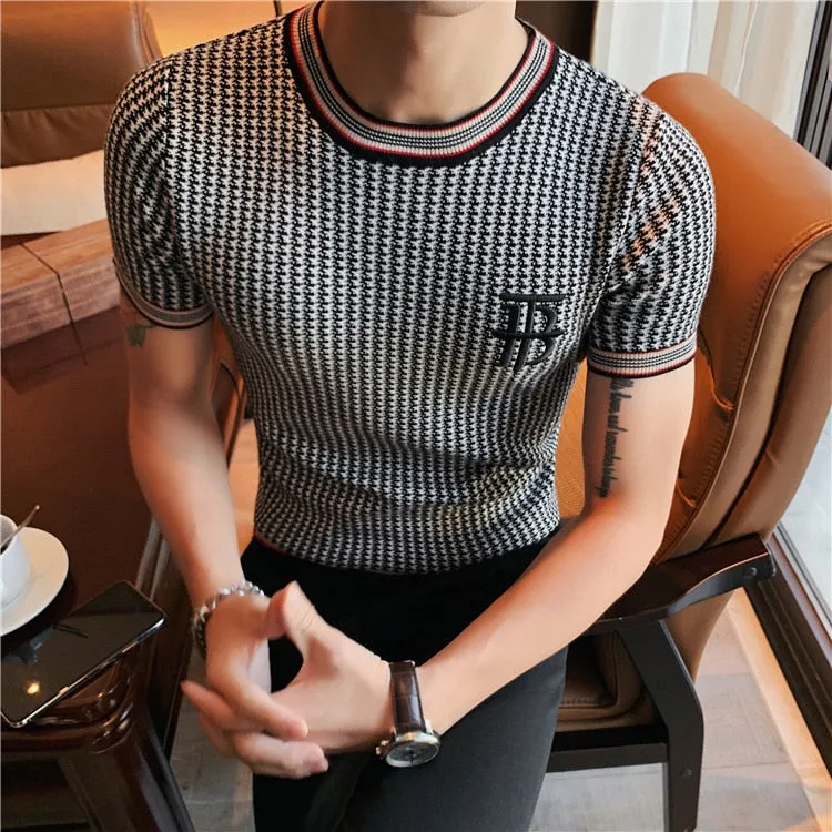 Men's Streetwear O-Neck Short Sleeve T-Shirt with Plaid Pattern