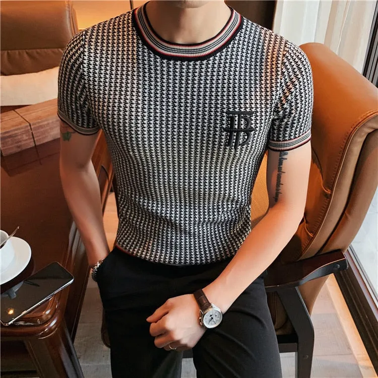 Men's Streetwear O-Neck Short Sleeve T-Shirt with Plaid Pattern