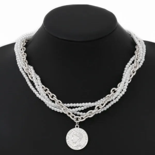 Multi Strand Pearl Coin Pendant Necklace