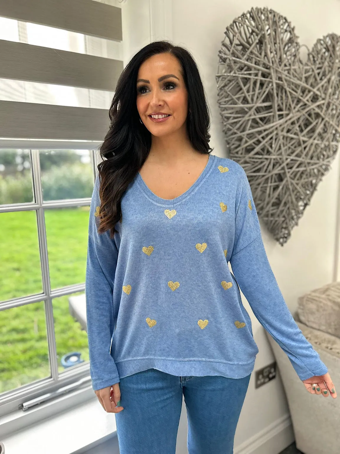 Sparkling Blue Heart V Neck Top