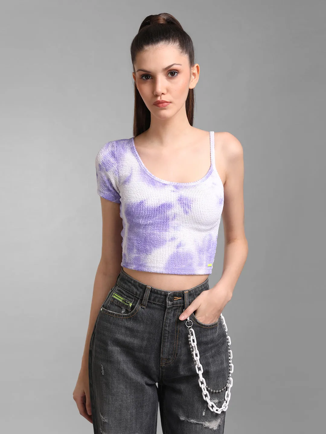 Ribbed Tie Dye Top with One Sleeve