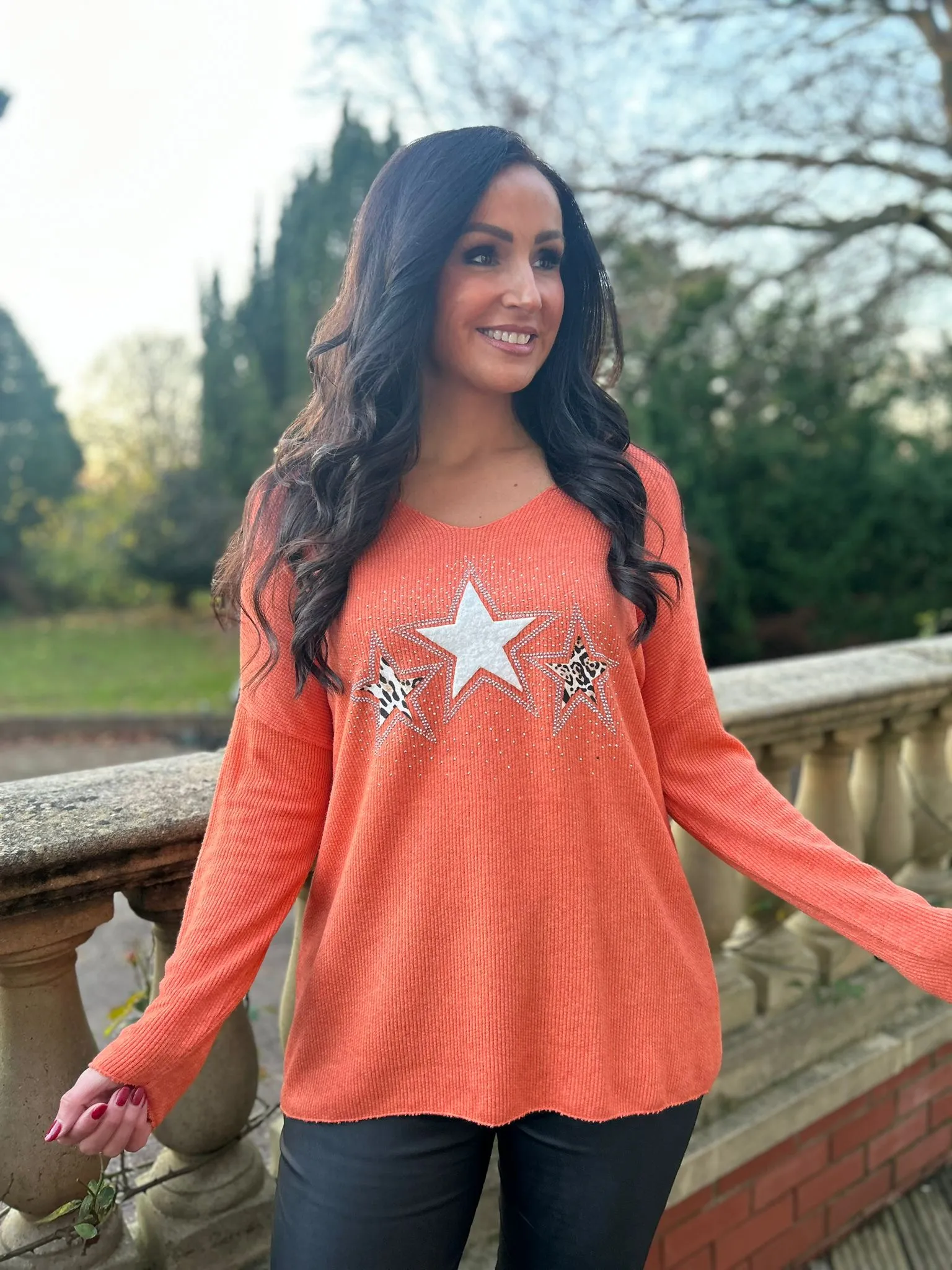 Orange V Neck Sparkle Star Knit Chloe