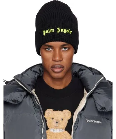 Palm Angels Black Logo Ribbed Beanie