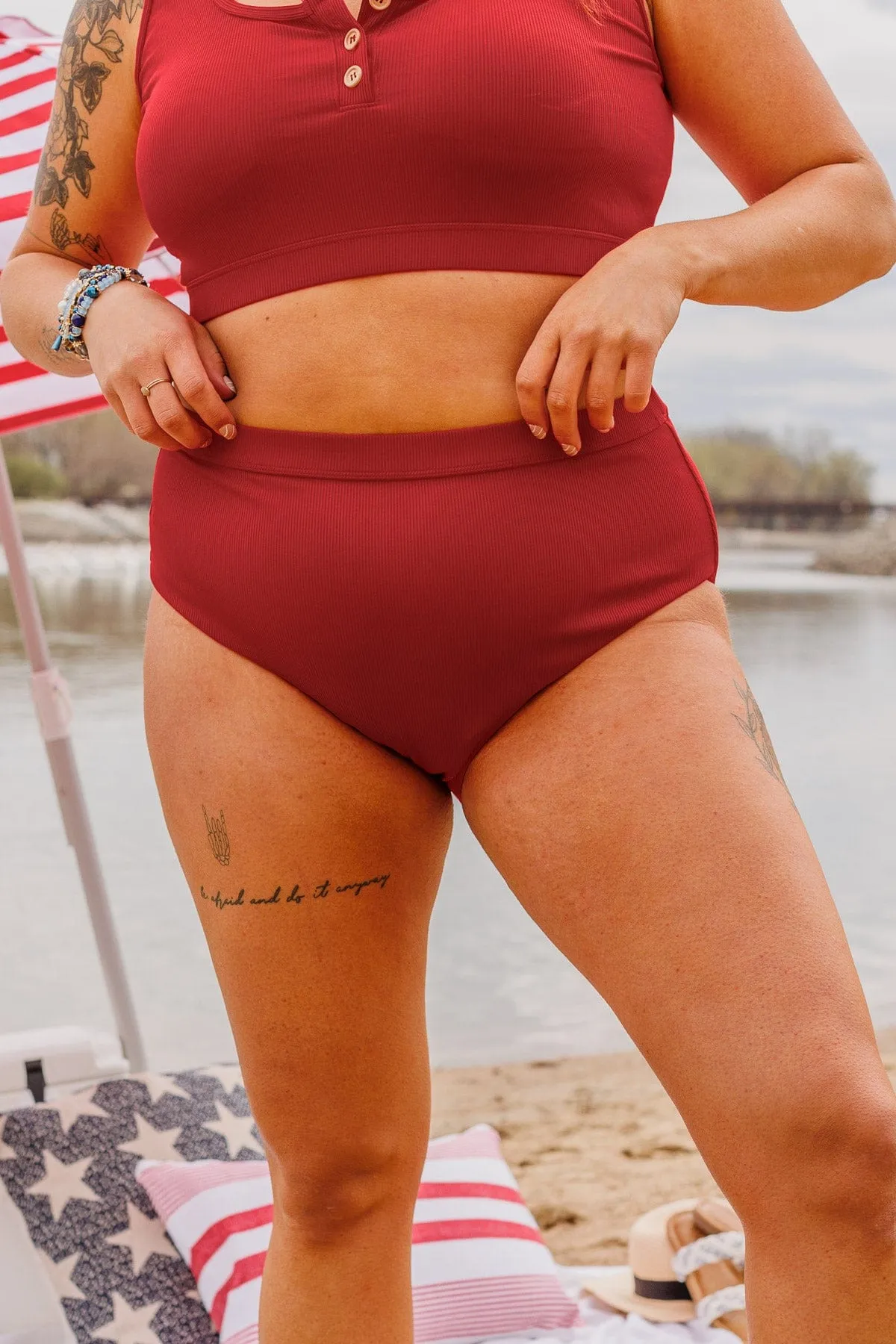 Red Ribbed Swim Bottoms