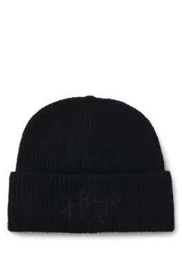 Ribbed Beanie Hat with Embroidered Handwritten Logo