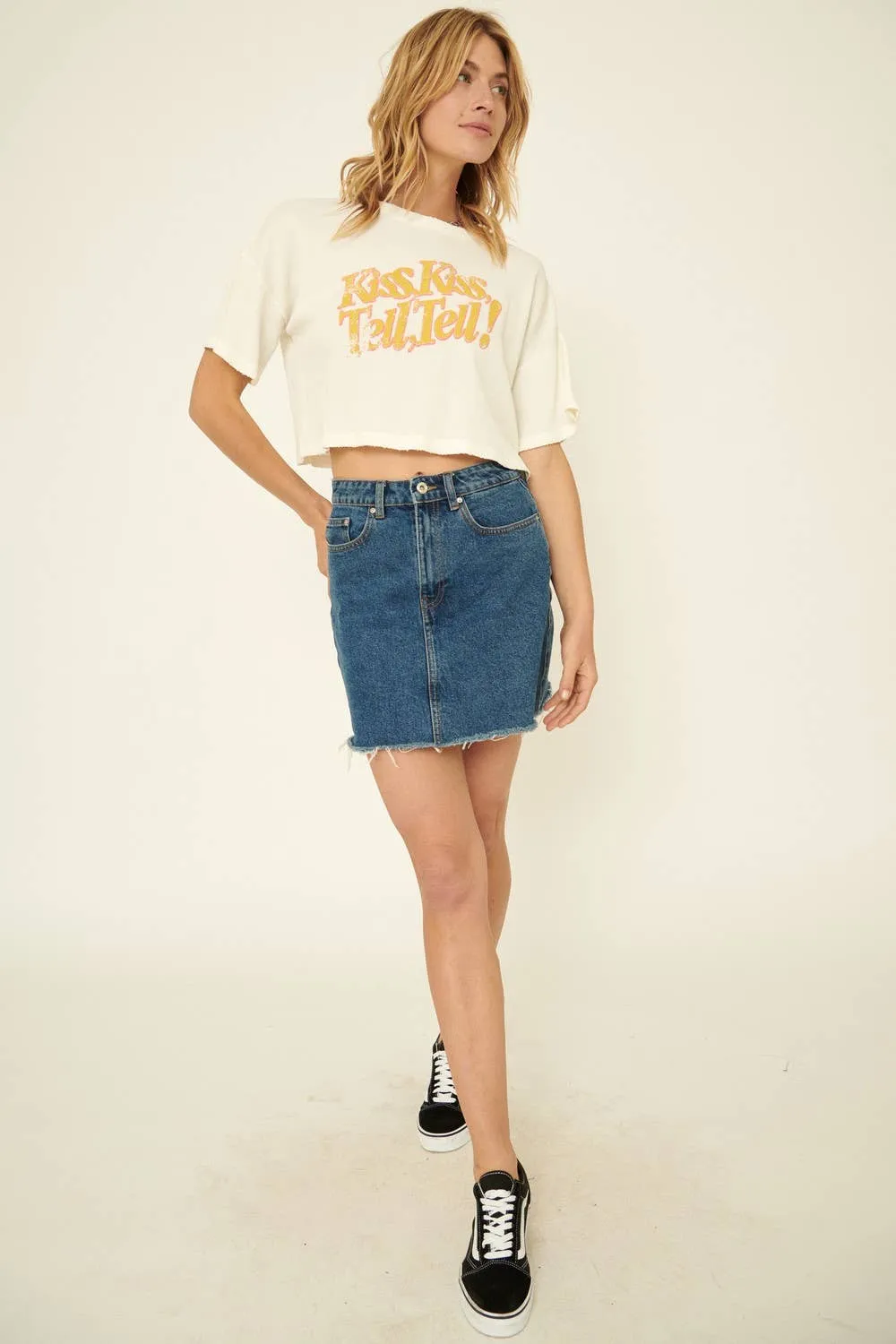 Sale Cropped Distressed Graphic Tee Kiss and Tell