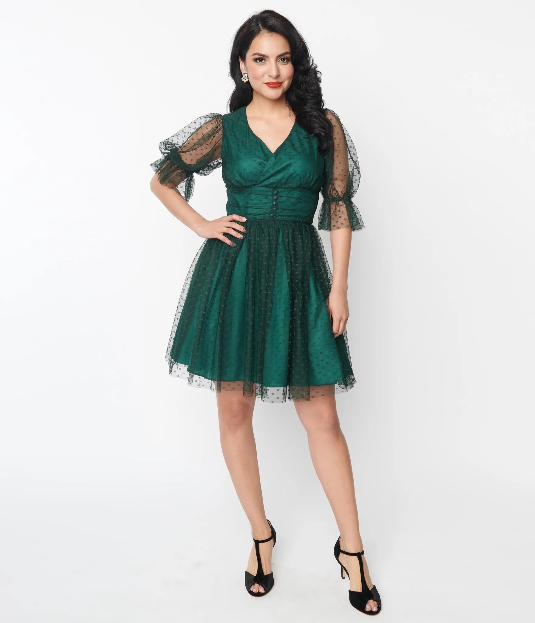 Unique Vintage Emerald Clip Dot Shirred Babydoll Dress