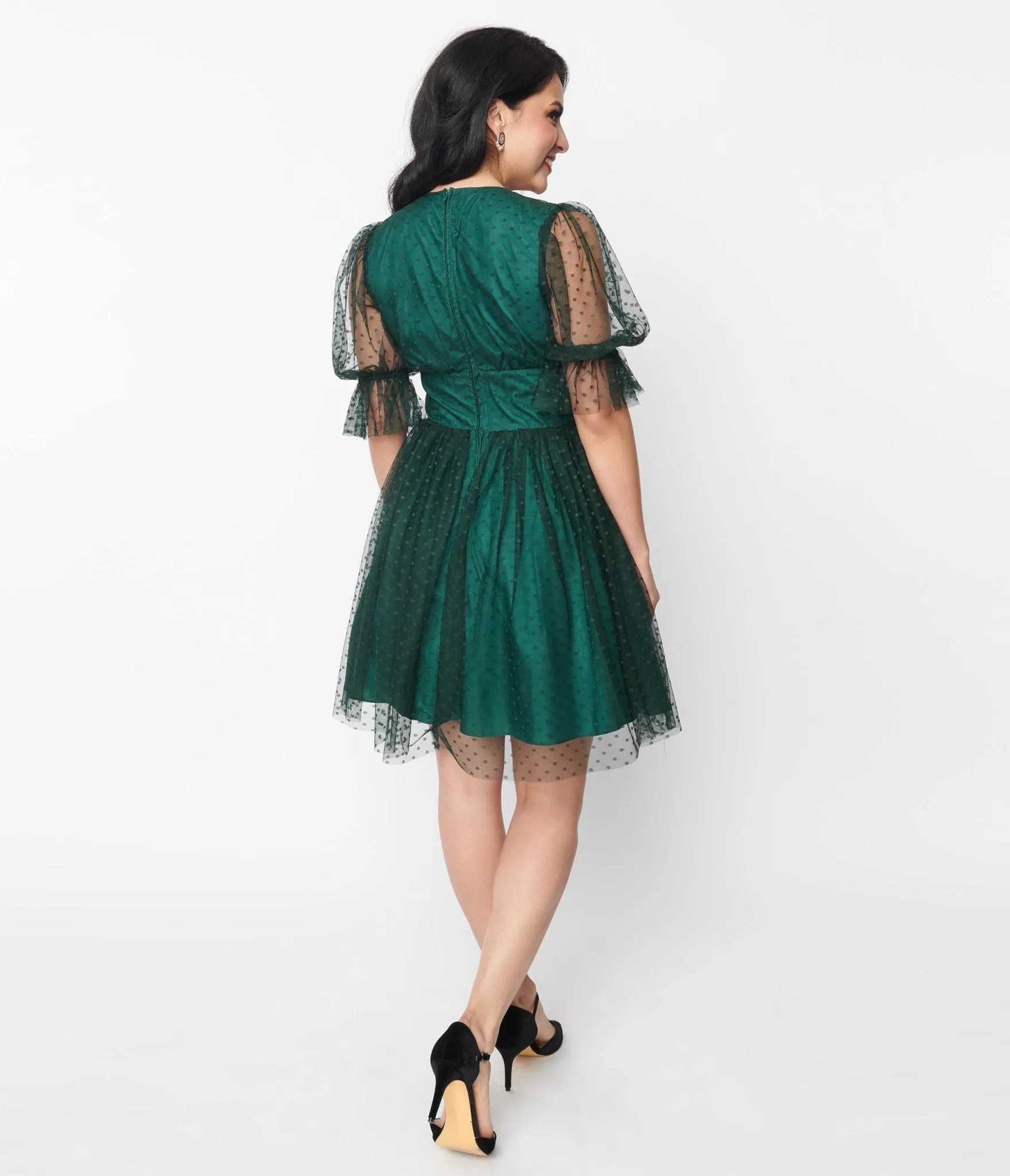 Unique Vintage Emerald Clip Dot Shirred Babydoll Dress