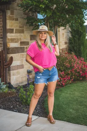 Pink Textured Knit Short Sleeve Top