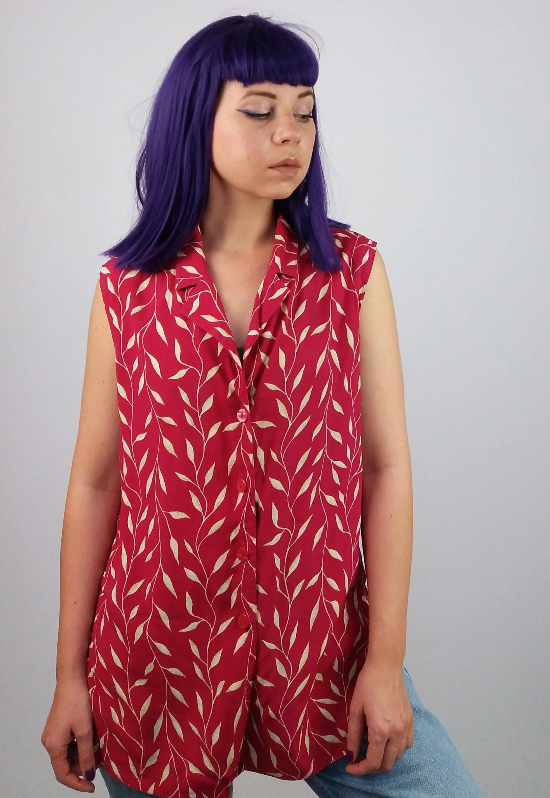 L Size Sleeveless Leaves Print Blouse