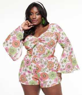 Plus Size Pink Retro Bloom Trumpet Sleeve Top