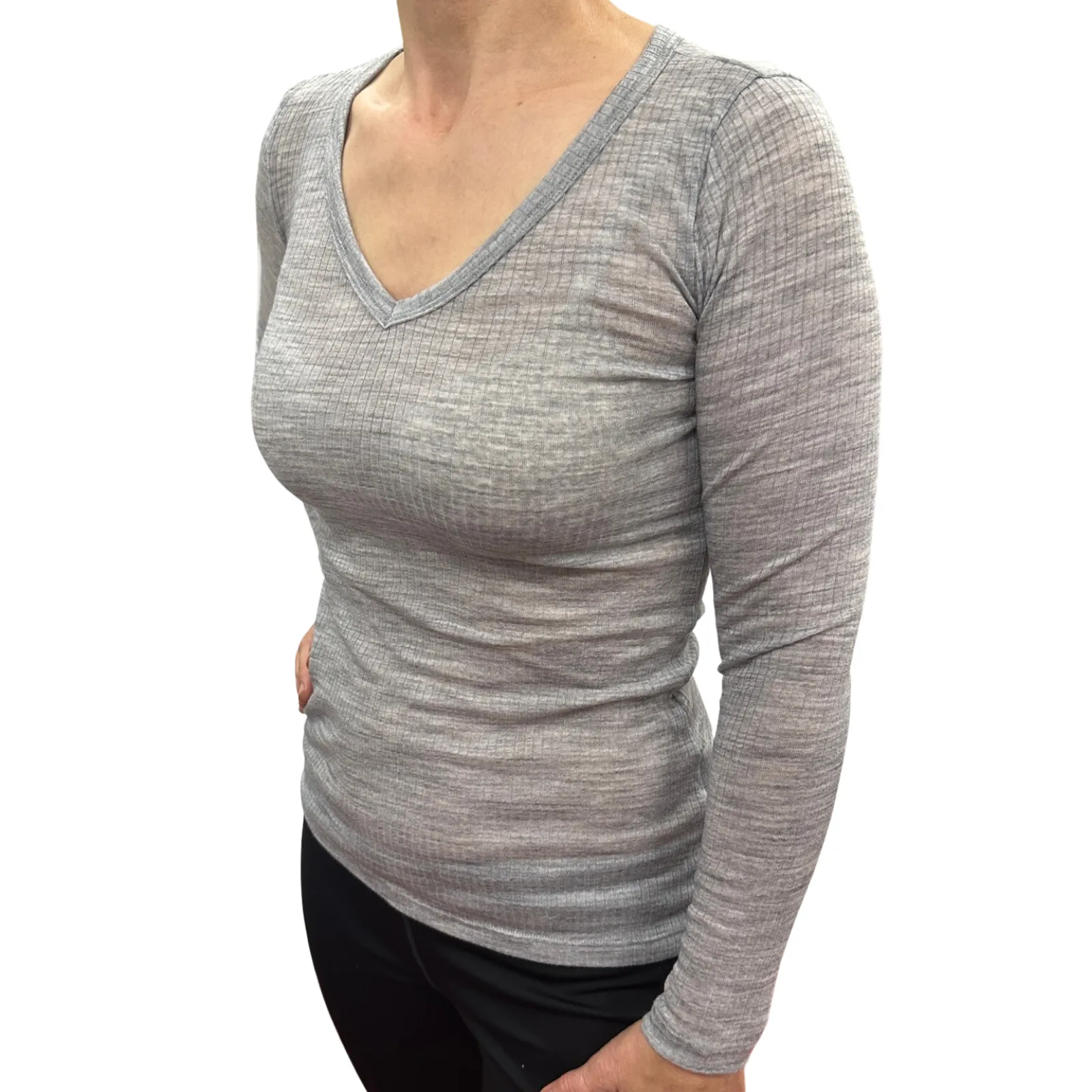 Soft Grey Marle Women's V-Neck Long Sleeve Thermal Underwear by Merino Skins