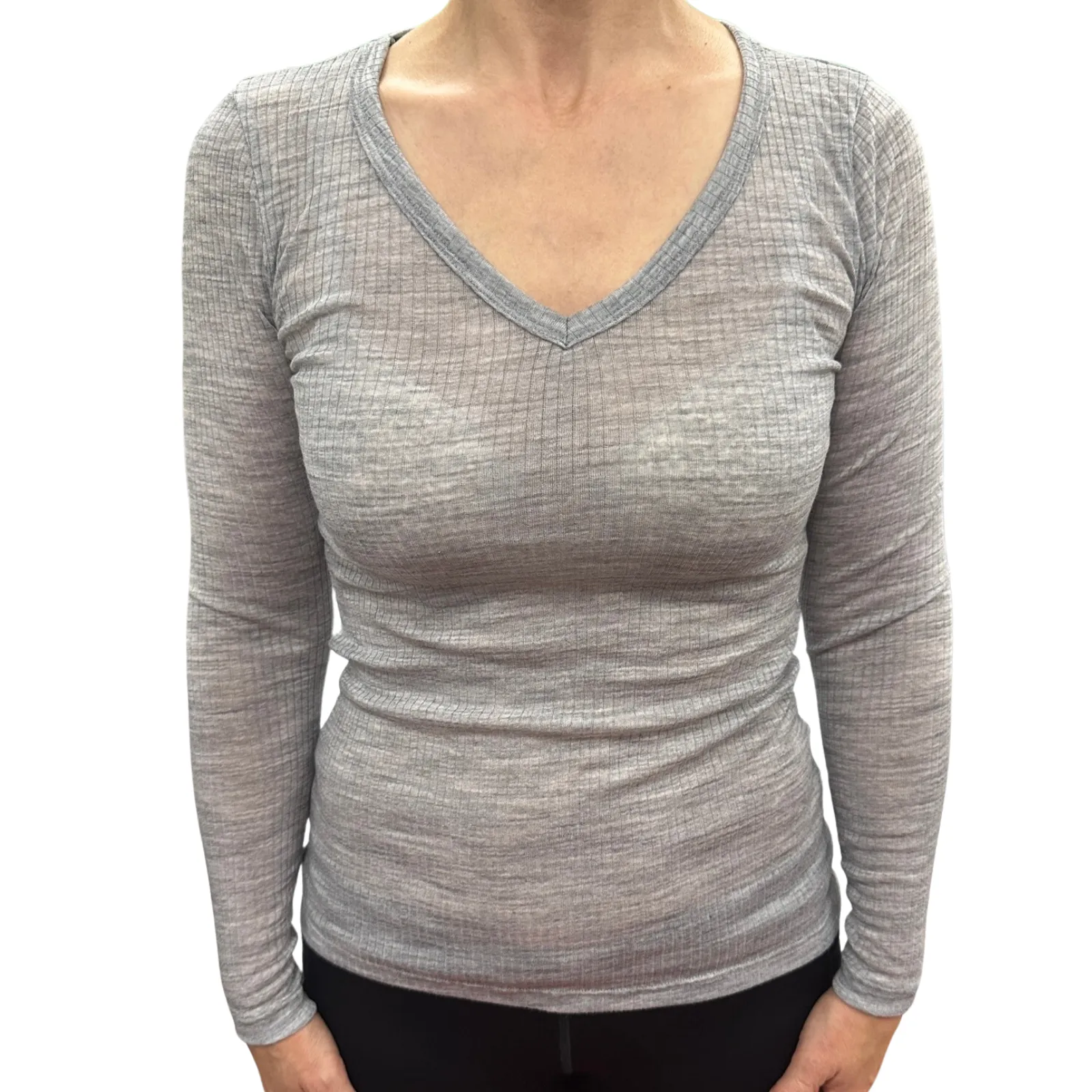 Soft Grey Marle Women's V-Neck Long Sleeve Thermal Underwear by Merino Skins