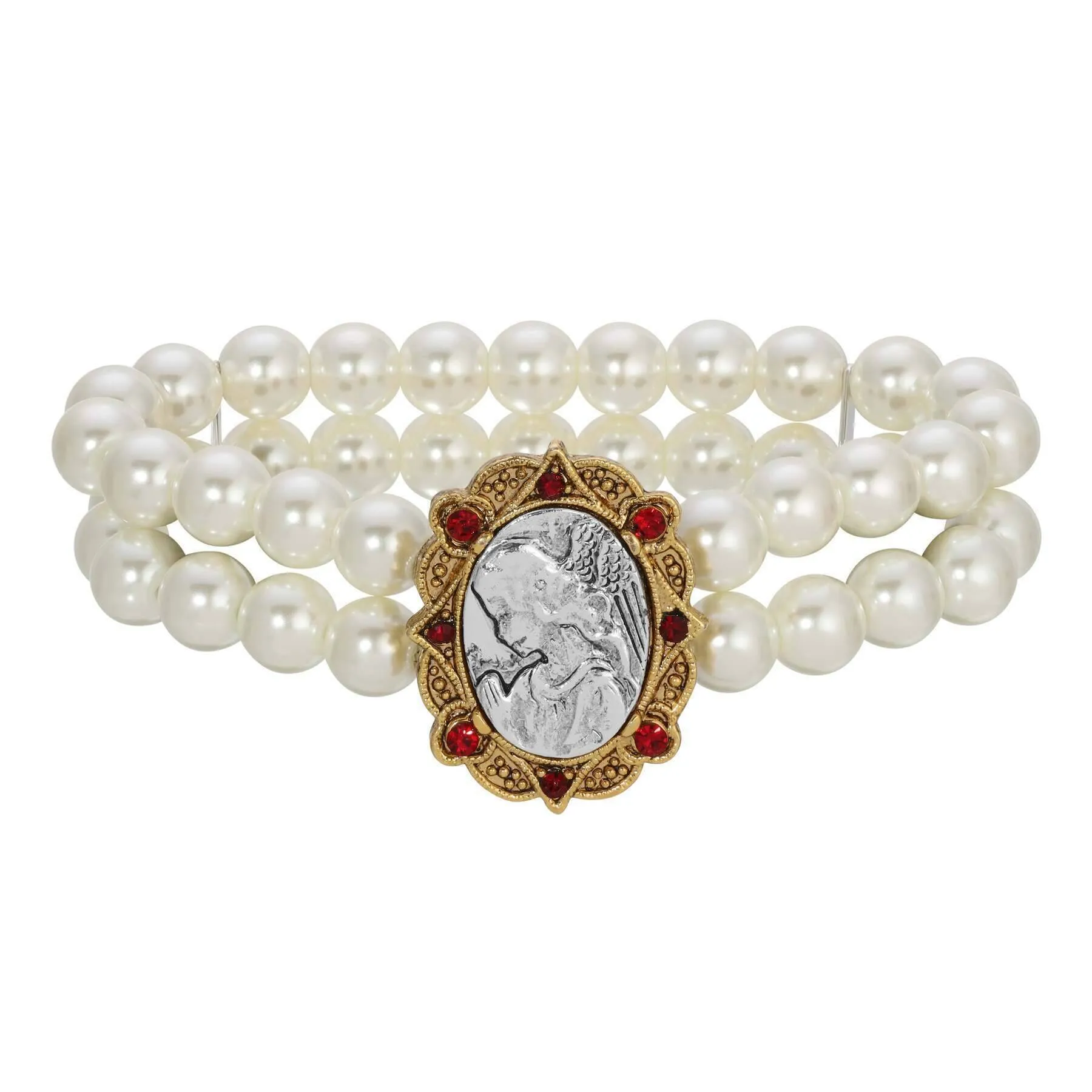 Guardian Angel Red Crystal Double Faux Pearl Stretch Bracelet