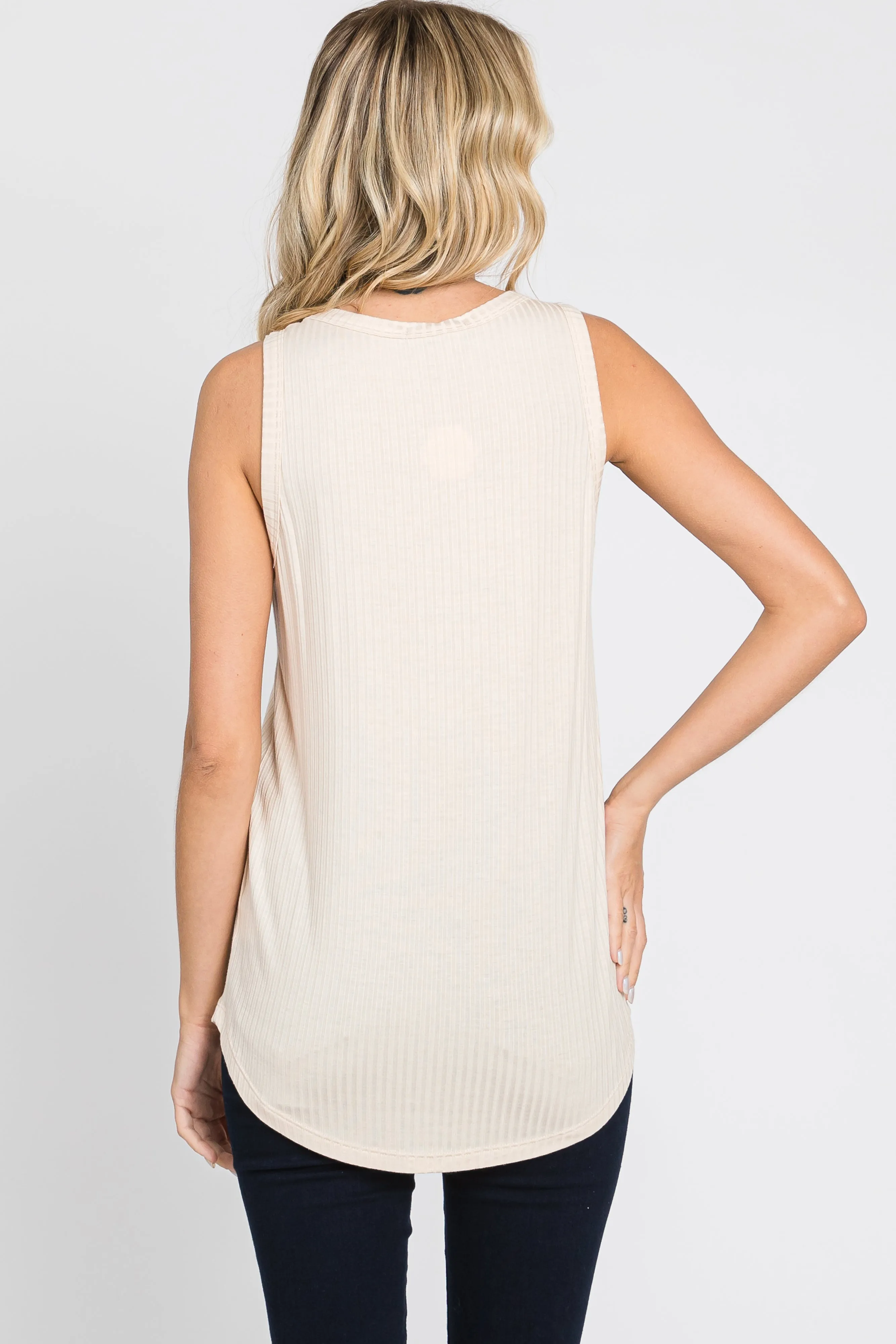 Cream Ribbed Tank with Front Pocket