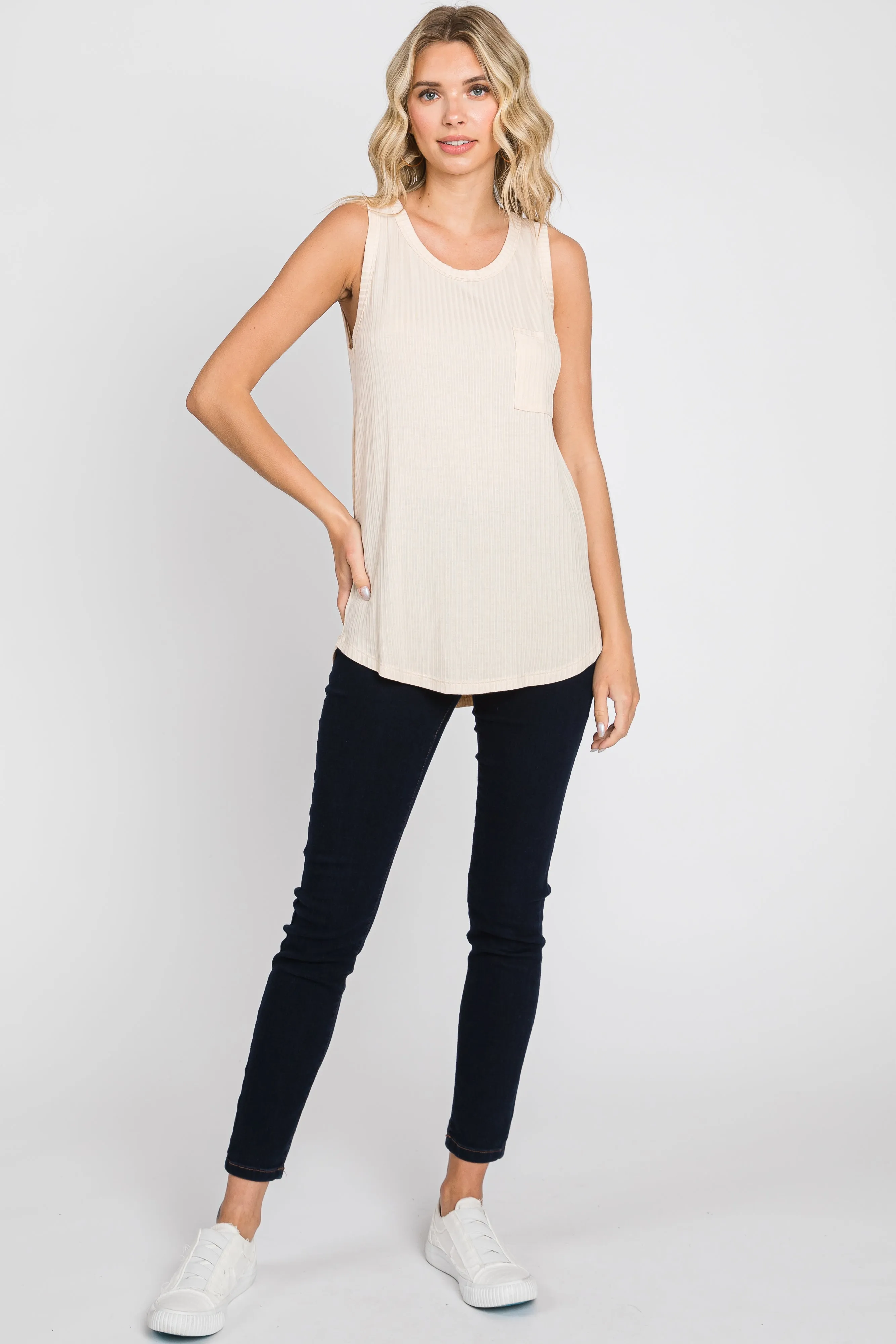 Cream Ribbed Tank with Front Pocket