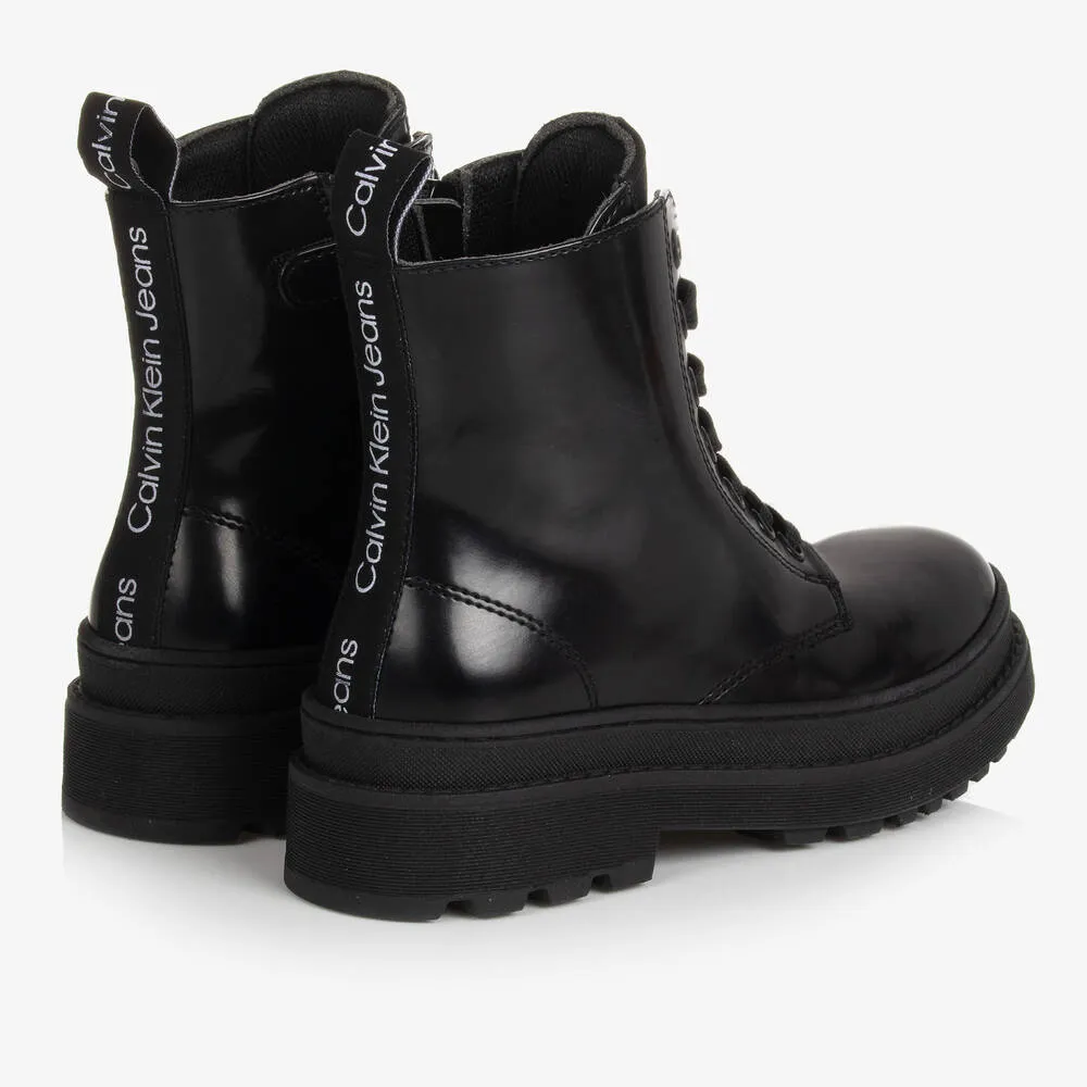 Black Faux Leather Teen Girls Boots