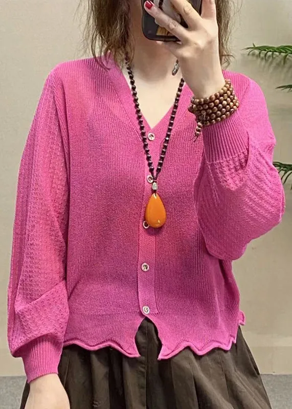 French Rose Ice Silk V Neck Knit Top