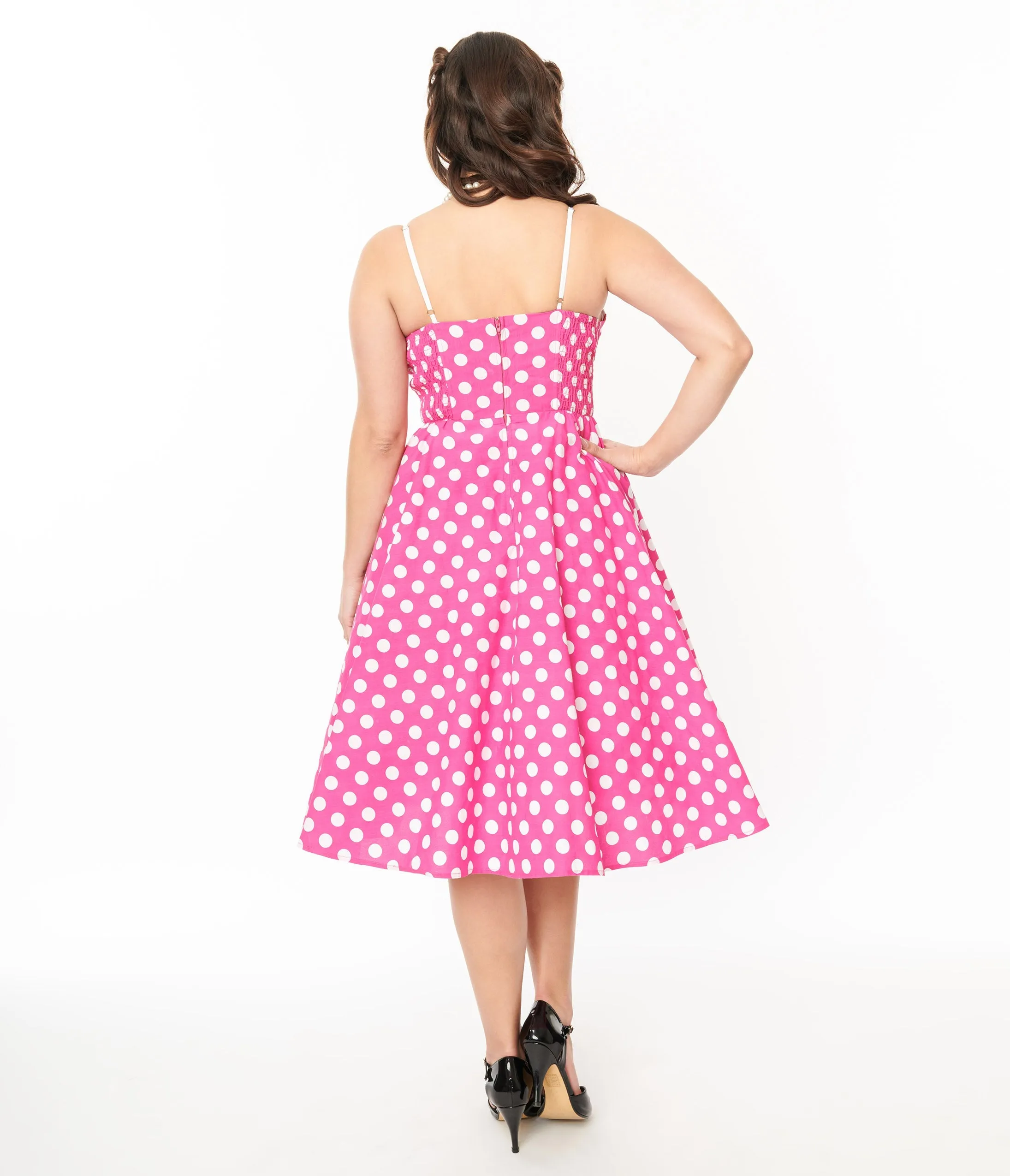 Unique Vintage 1950s Hot Pink White Polka Dot Cotton Swing Dress