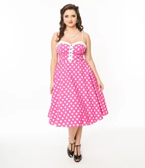 Unique Vintage 1950s Hot Pink White Polka Dot Cotton Swing Dress