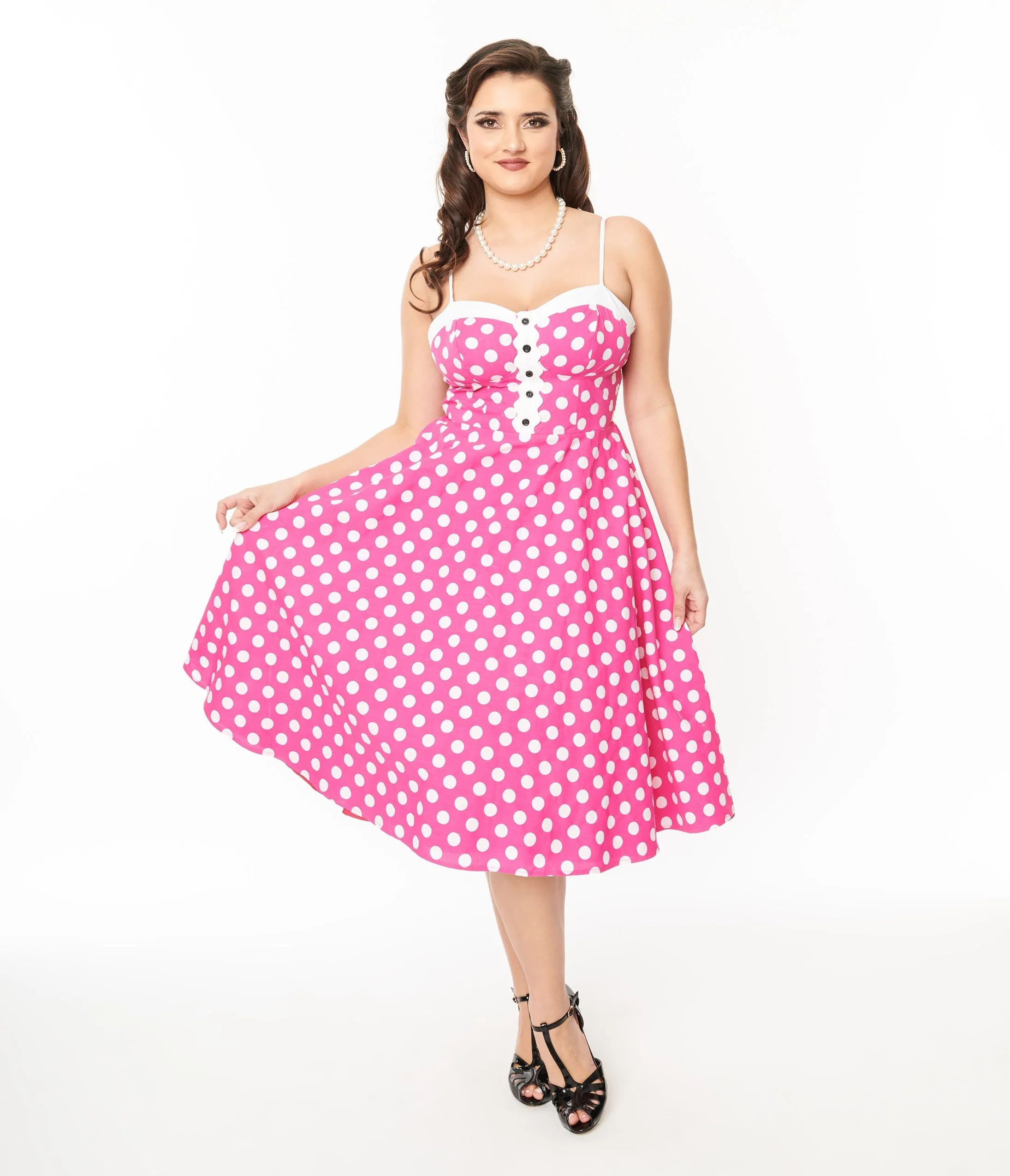 Unique Vintage 1950s Hot Pink White Polka Dot Cotton Swing Dress