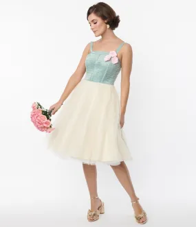 Unique Vintage Sage Ivory Tulle Swing Dress