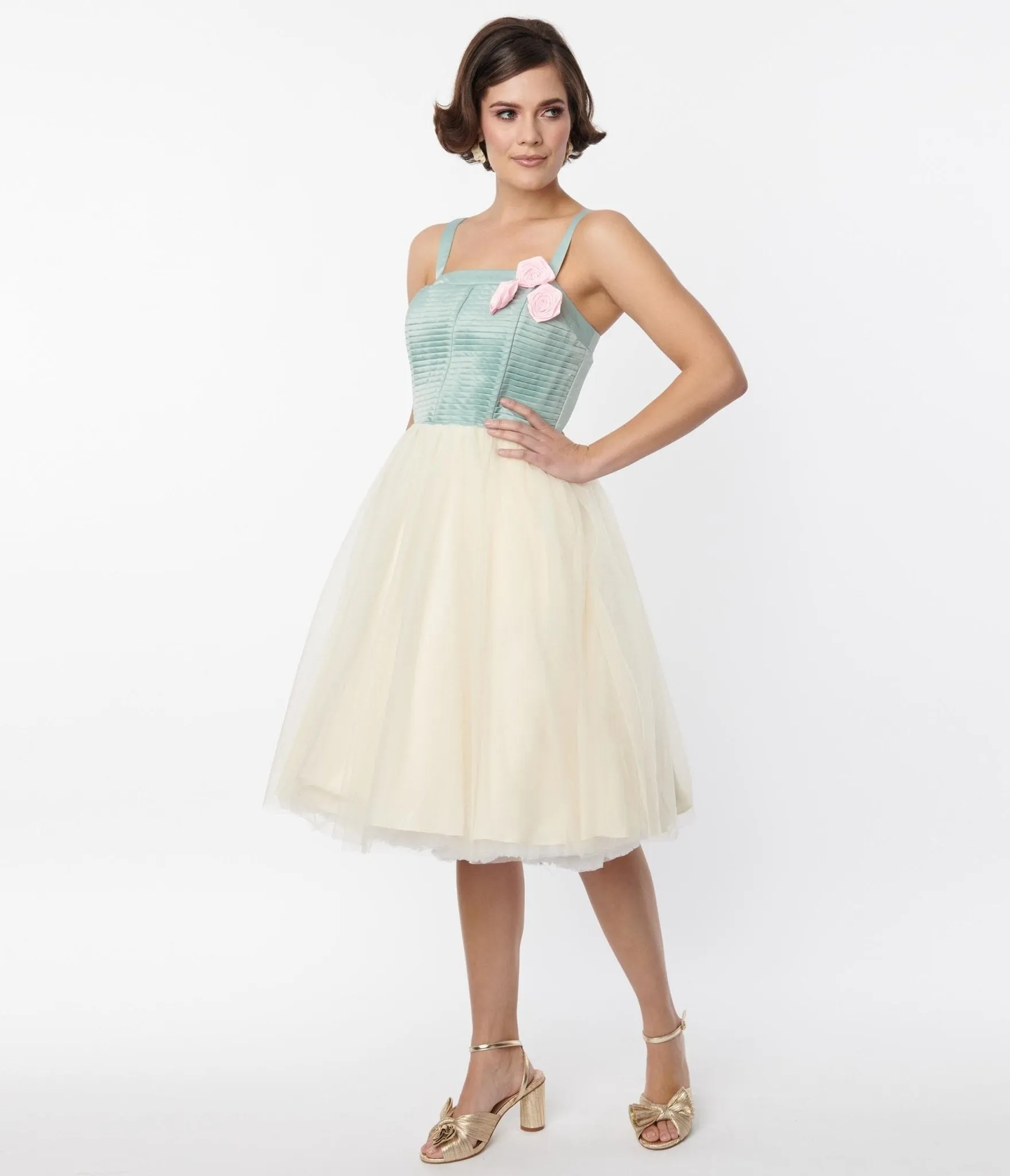 Unique Vintage Sage Ivory Tulle Swing Dress