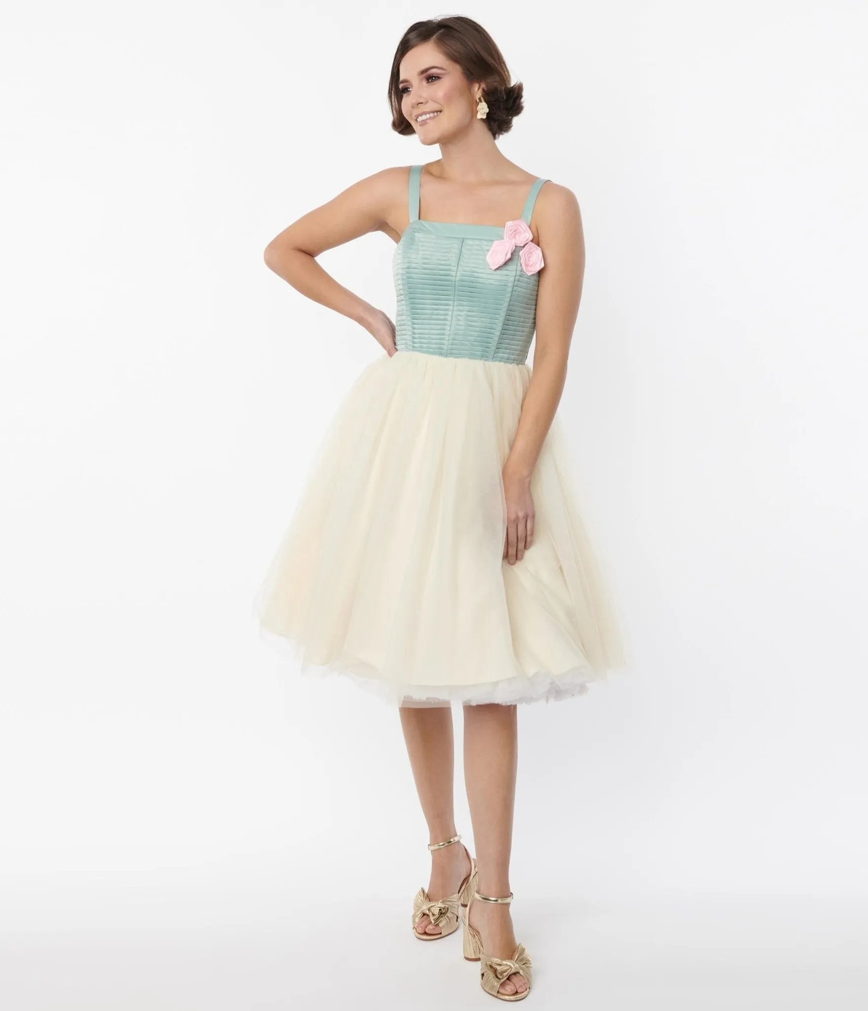 Unique Vintage Sage Ivory Tulle Swing Dress